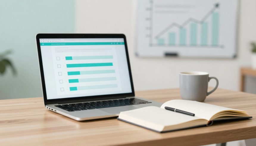 A laptop displaying a bar chart sits on a wooden desk alongside an open notebook with a pen and a gray mug. A blurred graph is on a background board.