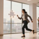 A woman in a business suit runs towards a floating puzzle piece in a modern office. Two colleagues watch, holding a tablet and a coffee cup.