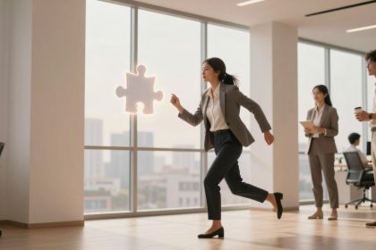 A woman in a business suit runs towards a floating puzzle piece in a modern office. Two colleagues watch, holding a tablet and a coffee cup.