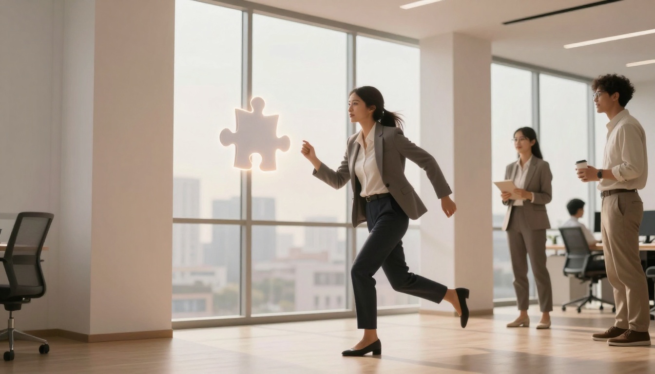 A woman in a business suit runs towards a floating puzzle piece in a modern office. Two colleagues watch, holding a tablet and a coffee cup.