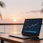 A laptop displaying a stock chart is on a wooden table with a steaming cup of coffee and a smartphone. The background shows a sunset over the ocean with palm trees.