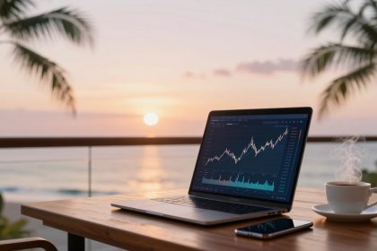 A laptop displaying a stock chart is on a wooden table with a steaming cup of coffee and a smartphone. The background shows a sunset over the ocean with palm trees.