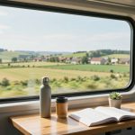 A train window view shows a scenic landscape with rolling hills and distant houses. Inside, a table holds a water bottle, a coffee cup, an open book, and a small potted succulent. A map is on the wall.