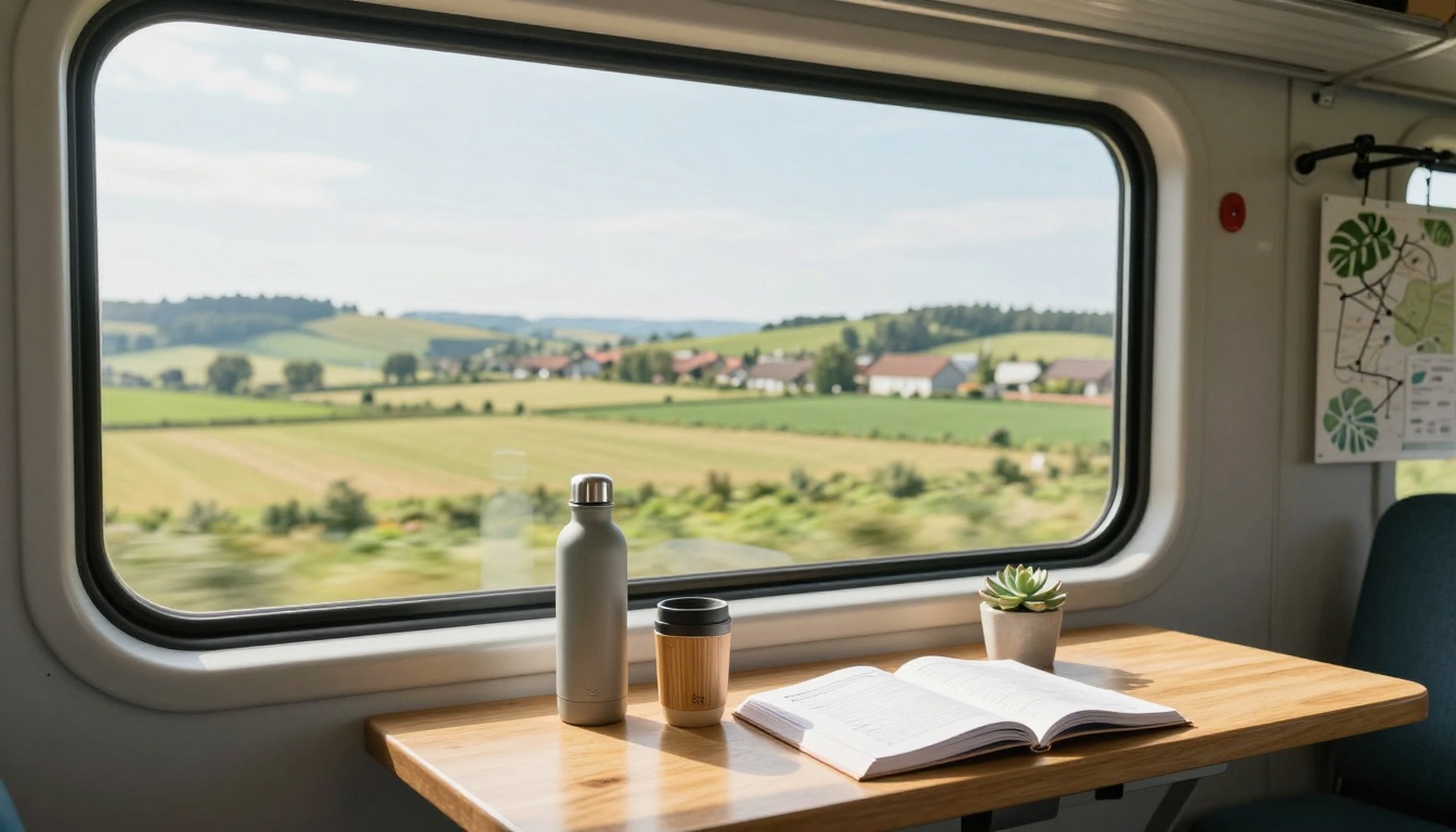 A train window view shows a scenic landscape with rolling hills and distant houses. Inside, a table holds a water bottle, a coffee cup, an open book, and a small potted succulent. A map is on the wall.