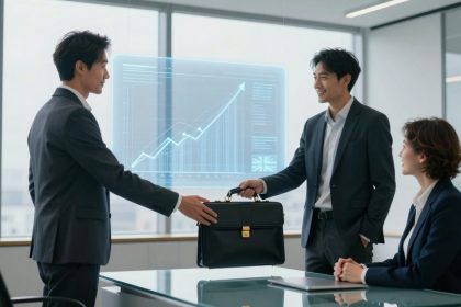 Two men in suits exchanging a briefcase, smiling, with a woman seated nearby. A digital graph display is projected behind them in a modern office.