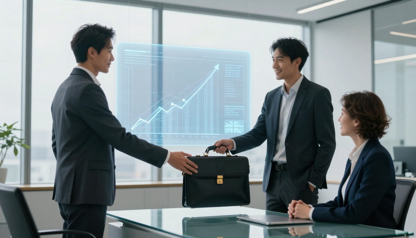 Two men in suits exchanging a briefcase, smiling, with a woman seated nearby. A digital graph display is projected behind them in a modern office.