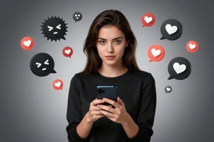 A woman in a black shirt holds a smartphone, surrounded by floating social media icons, including hearts and angry faces, on a gray background.