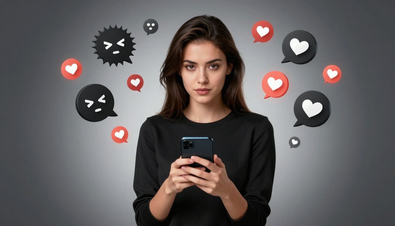 A woman in a black shirt holds a smartphone, surrounded by floating social media icons, including hearts and angry faces, on a gray background.
