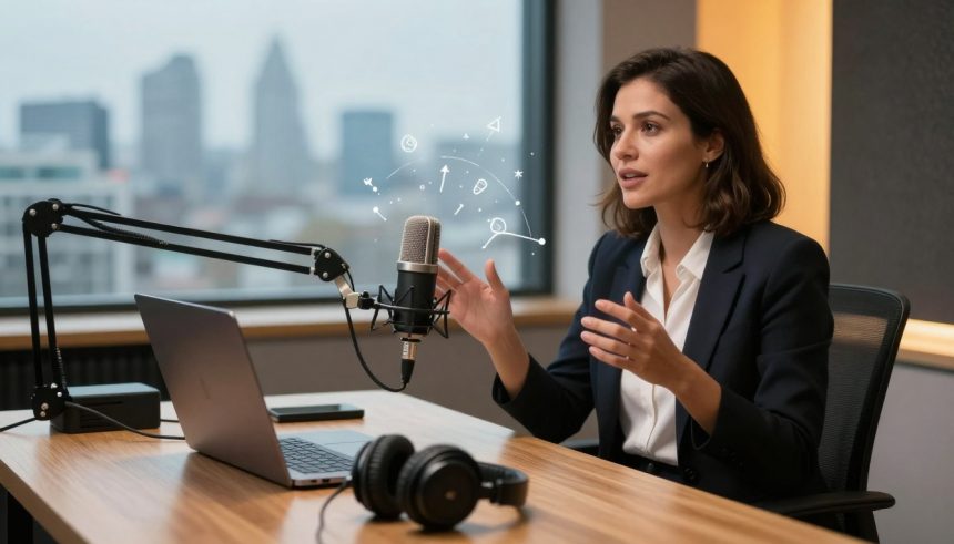 A woman in a blazer speaks into a studio microphone, gesturing with her hands. A laptop and headphones are on the desk. A cityscape is visible through the window.