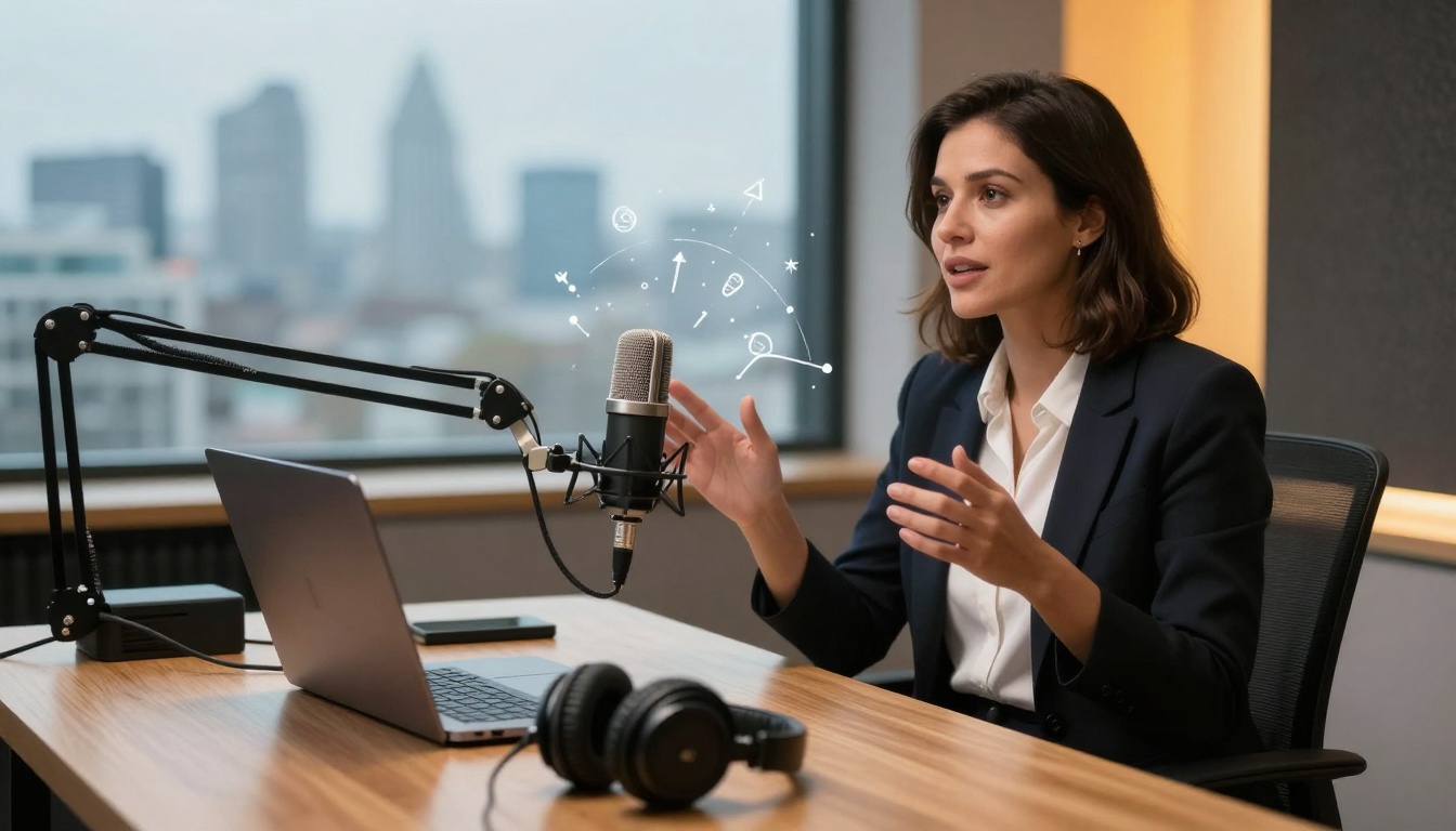 A woman in a blazer speaks into a studio microphone, gesturing with her hands. A laptop and headphones are on the desk. A cityscape is visible through the window.