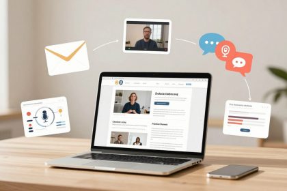 A laptop on a wooden table displays a website with articles. Floating icons around the laptop include an envelope, video call, microphone, speech bubbles, and analytics chart. A smartphone lies beside the laptop.