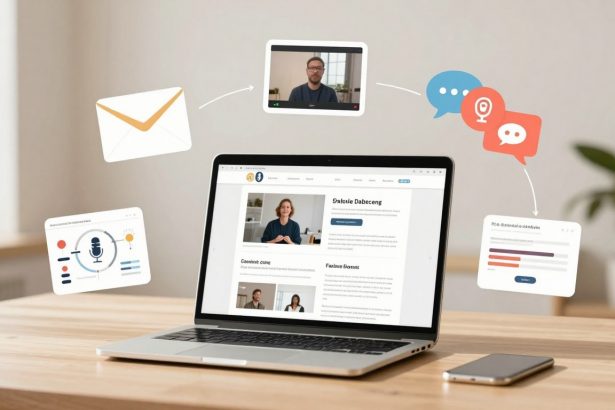 A laptop on a wooden table displays a website with articles. Floating icons around the laptop include an envelope, video call, microphone, speech bubbles, and analytics chart. A smartphone lies beside the laptop.