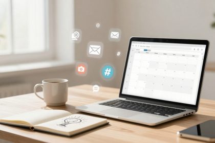 A laptop displaying a calendar is on a wooden table. Nearby are a white coffee mug, a notebook with a light bulb sketch, and a smartphone. Floating icons include a camera, envelope, and hashtag. A blurred window and plant are in the background.