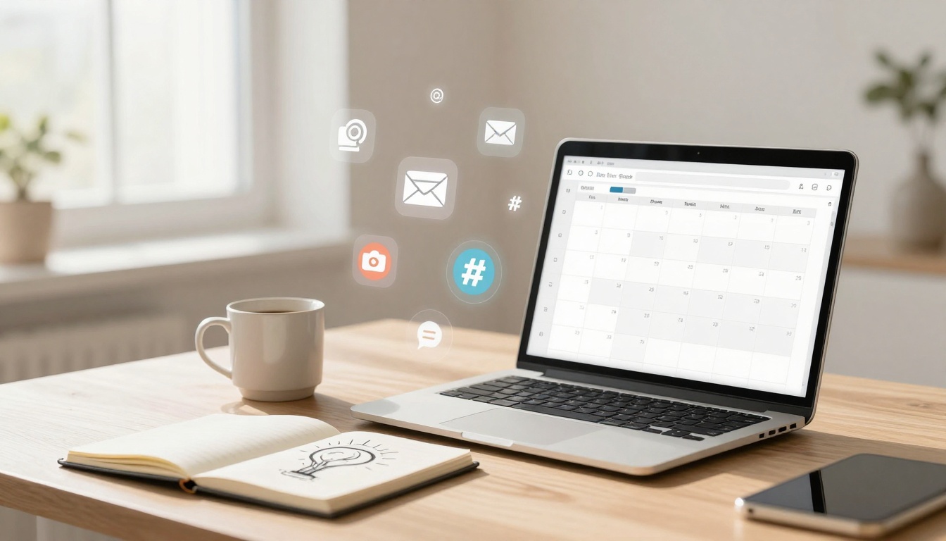 A laptop displaying a calendar is on a wooden table. Nearby are a white coffee mug, a notebook with a light bulb sketch, and a smartphone. Floating icons include a camera, envelope, and hashtag. A blurred window and plant are in the background.