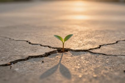 A small green plant sprouting from a cracked concrete surface in warm sunlight, casting a shadow.
