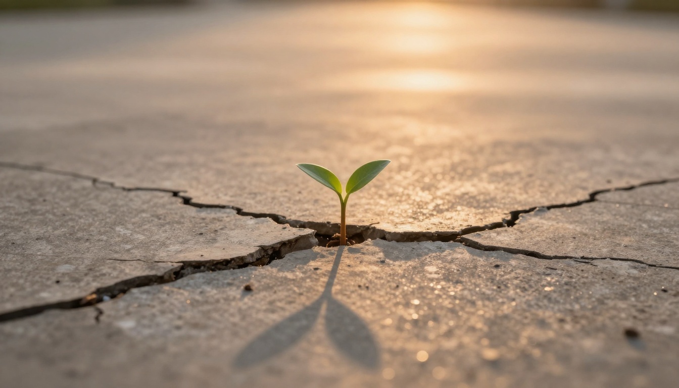 A small green plant sprouting from a cracked concrete surface in warm sunlight, casting a shadow.