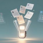 Digital illustration of a funnel with email icons at the base, filtering documents with profile pictures and text. Background features blurred calendar and circuit designs on a blue gradient.