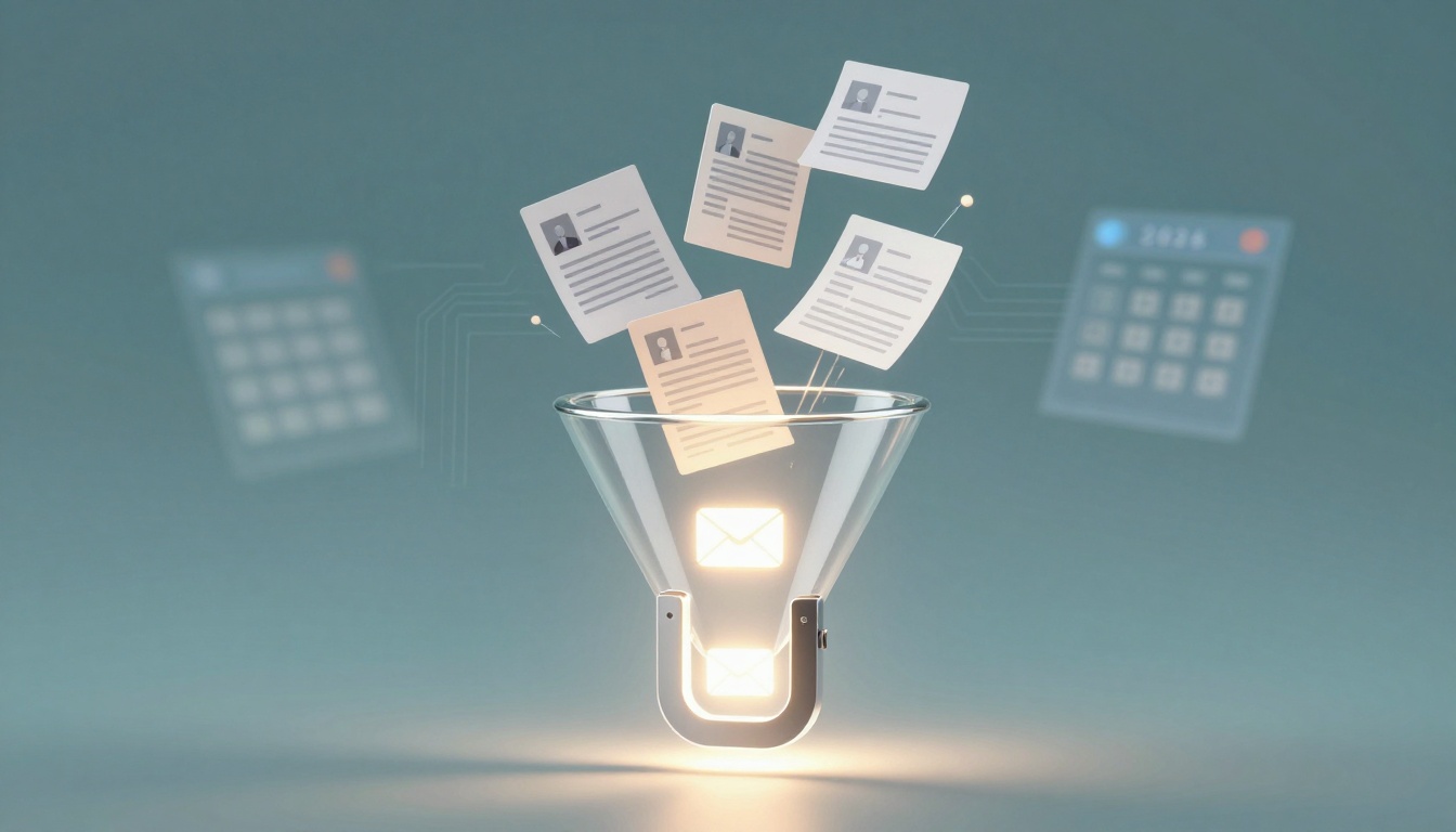 Digital illustration of a funnel with email icons at the base, filtering documents with profile pictures and text. Background features blurred calendar and circuit designs on a blue gradient.