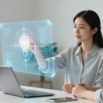 Two people sit at a desk with a laptop, engaging with a holographic display showing a light bulb icon. One person points at the display.