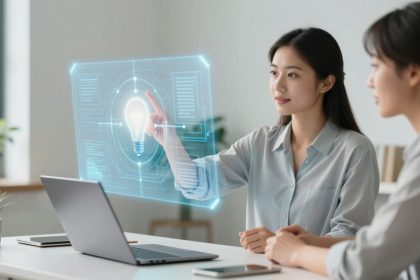 Two people sit at a desk with a laptop, engaging with a holographic display showing a light bulb icon. One person points at the display.
