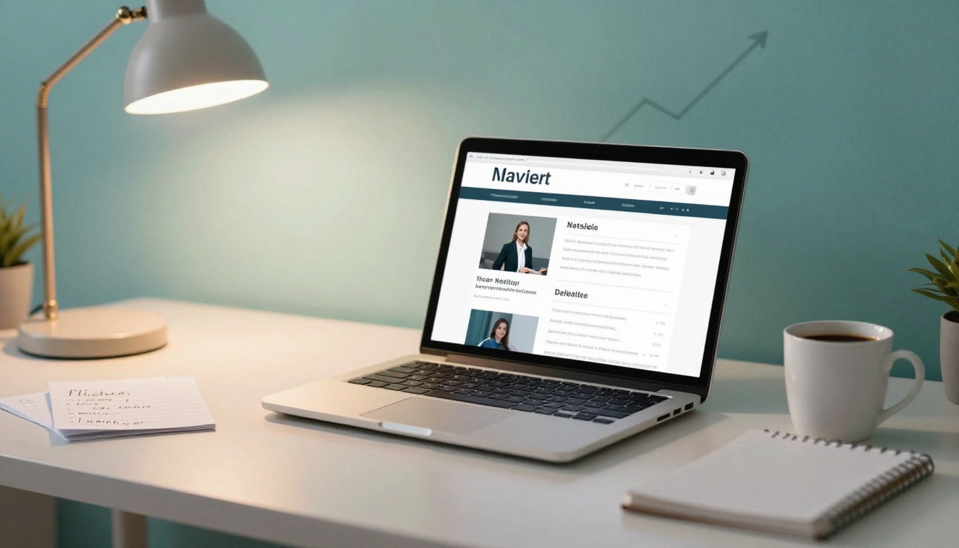A laptop displaying a website sits on a white desk with a blue wall and upward arrow in the background. Nearby are a lamp, a cup of coffee, a notebook, and small plant.