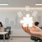A hand holds a glowing puzzle piece with document icons floating around it. In the background, people work at desks in an office setting.