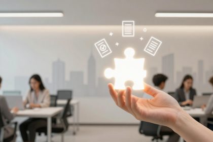 A hand holds a glowing puzzle piece with document icons floating around it. In the background, people work at desks in an office setting.