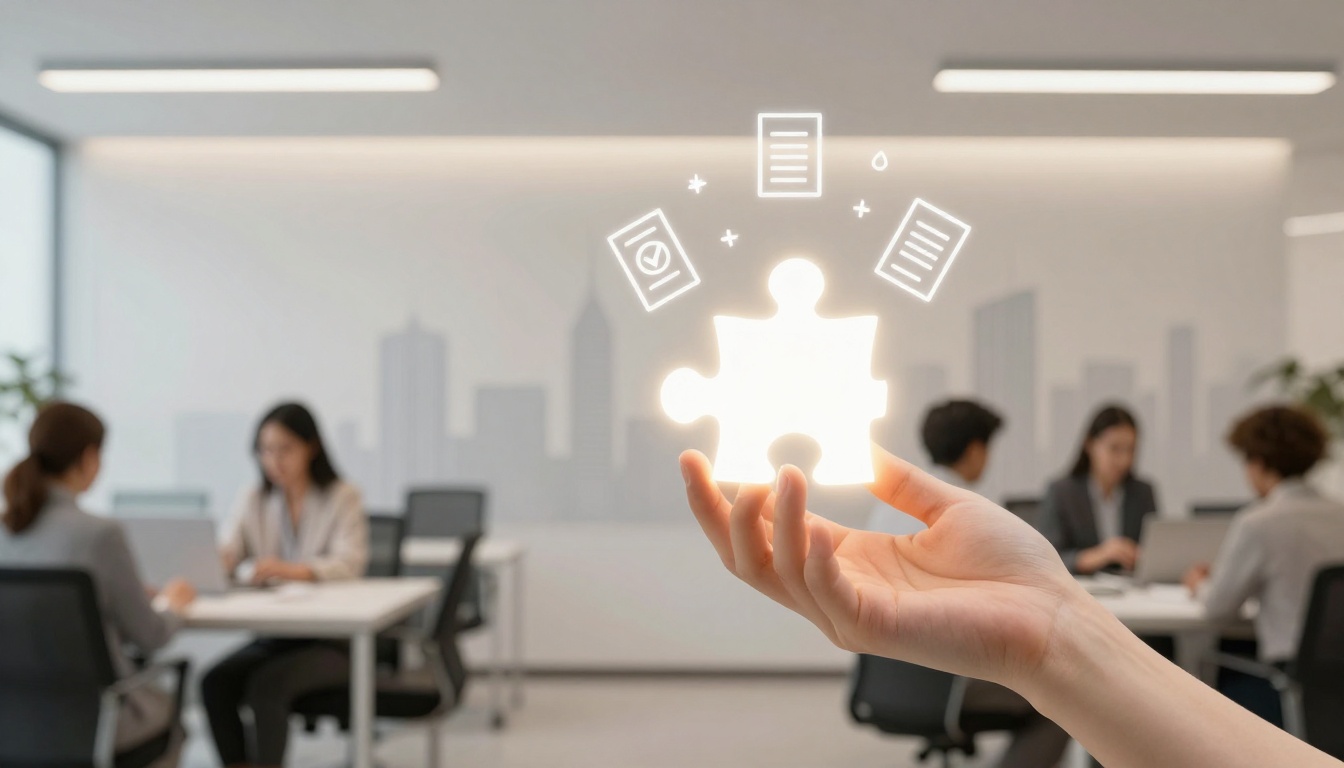 A hand holds a glowing puzzle piece with document icons floating around it. In the background, people work at desks in an office setting.