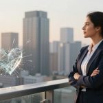 A woman in a navy suit stands on a balcony overlooking a cityscape at sunset. She is gazing at a digital heart-shaped hologram in the air.