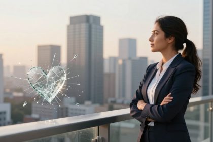 A woman in a navy suit stands on a balcony overlooking a cityscape at sunset. She is gazing at a digital heart-shaped hologram in the air.
