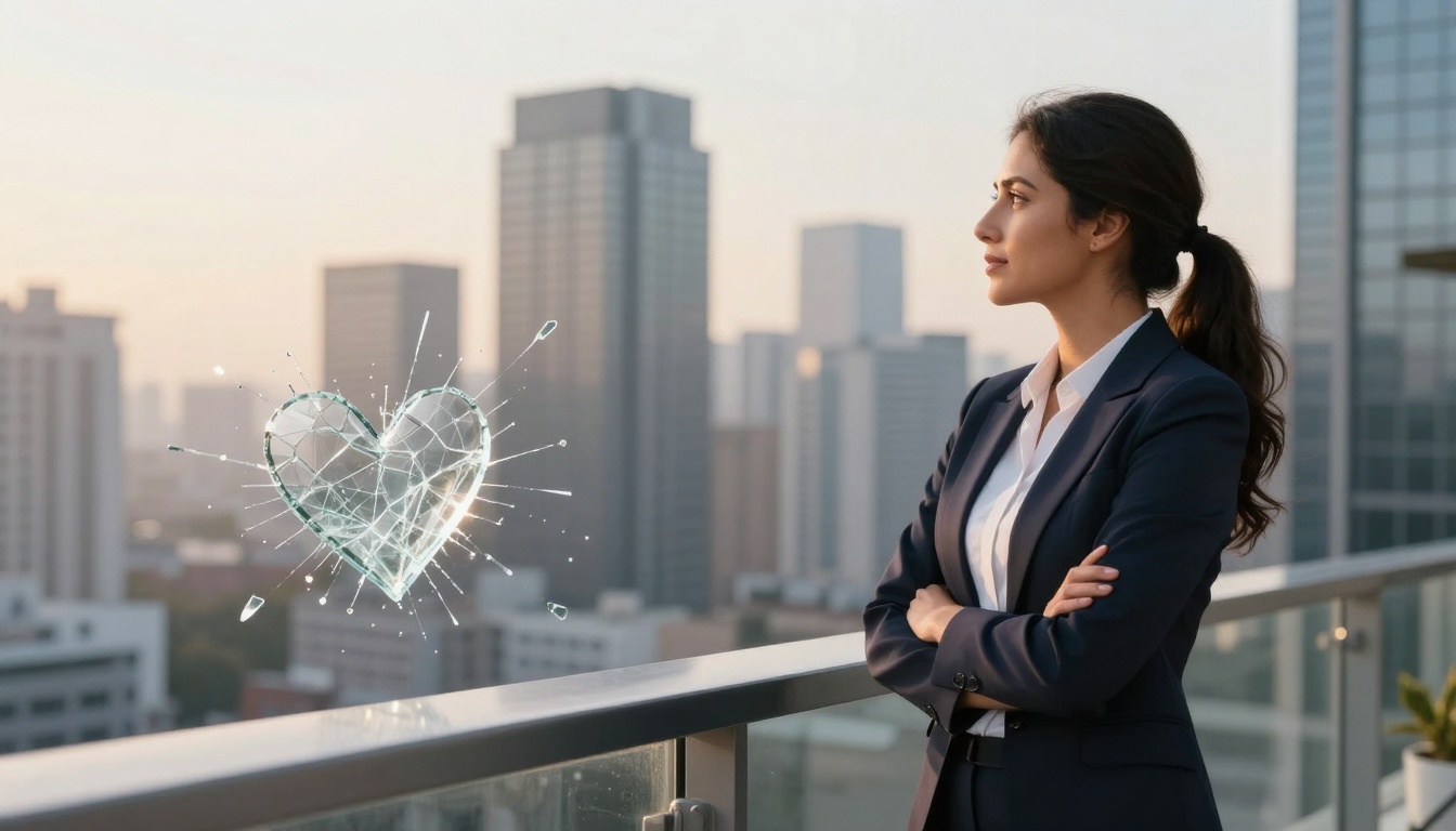 A woman in a navy suit stands on a balcony overlooking a cityscape at sunset. She is gazing at a digital heart-shaped hologram in the air.