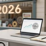 A laptop displaying a rising graph sits on a white desk with an open notebook and pen. A 2026 calendar is beside it. The window shows a large "2026" sign with decorative gears in the background.
