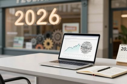A laptop displaying a rising graph sits on a white desk with an open notebook and pen. A 2026 calendar is beside it. The window shows a large "2026" sign with decorative gears in the background.