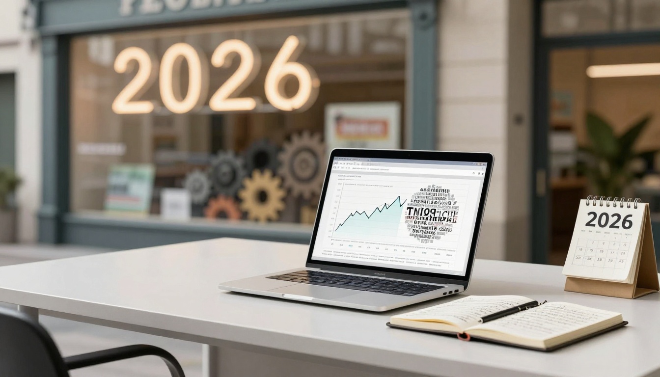 A laptop displaying a rising graph sits on a white desk with an open notebook and pen. A 2026 calendar is beside it. The window shows a large "2026" sign with decorative gears in the background.
