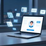 Laptop on a desk with a profile image on the screen, surrounded by floating digital icons. A steaming cup of coffee is beside it. Cityscape visible through the window.