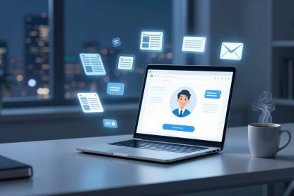 Laptop on a desk with a profile image on the screen, surrounded by floating digital icons. A steaming cup of coffee is beside it. Cityscape visible through the window.