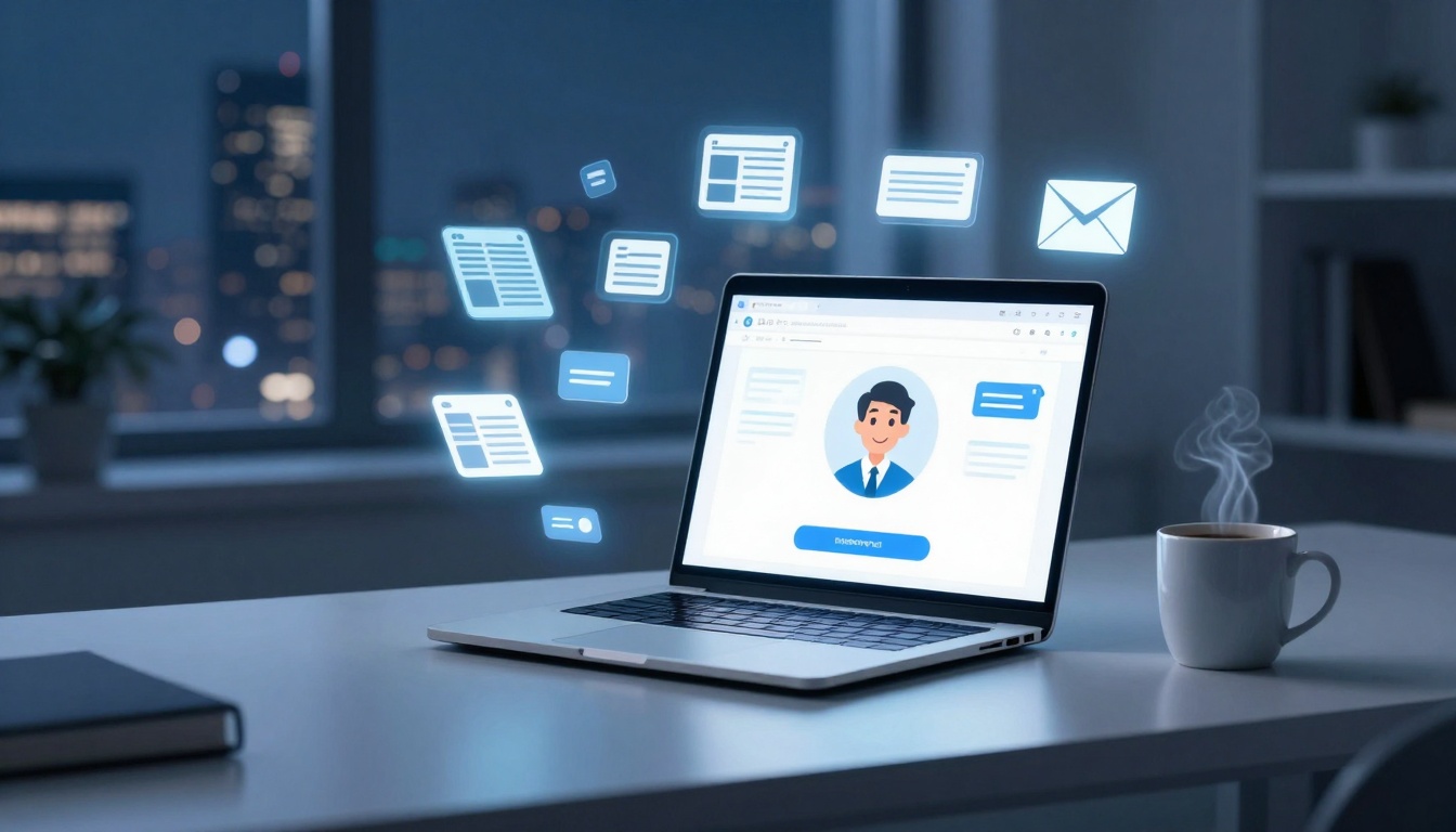 Laptop on a desk with a profile image on the screen, surrounded by floating digital icons. A steaming cup of coffee is beside it. Cityscape visible through the window.