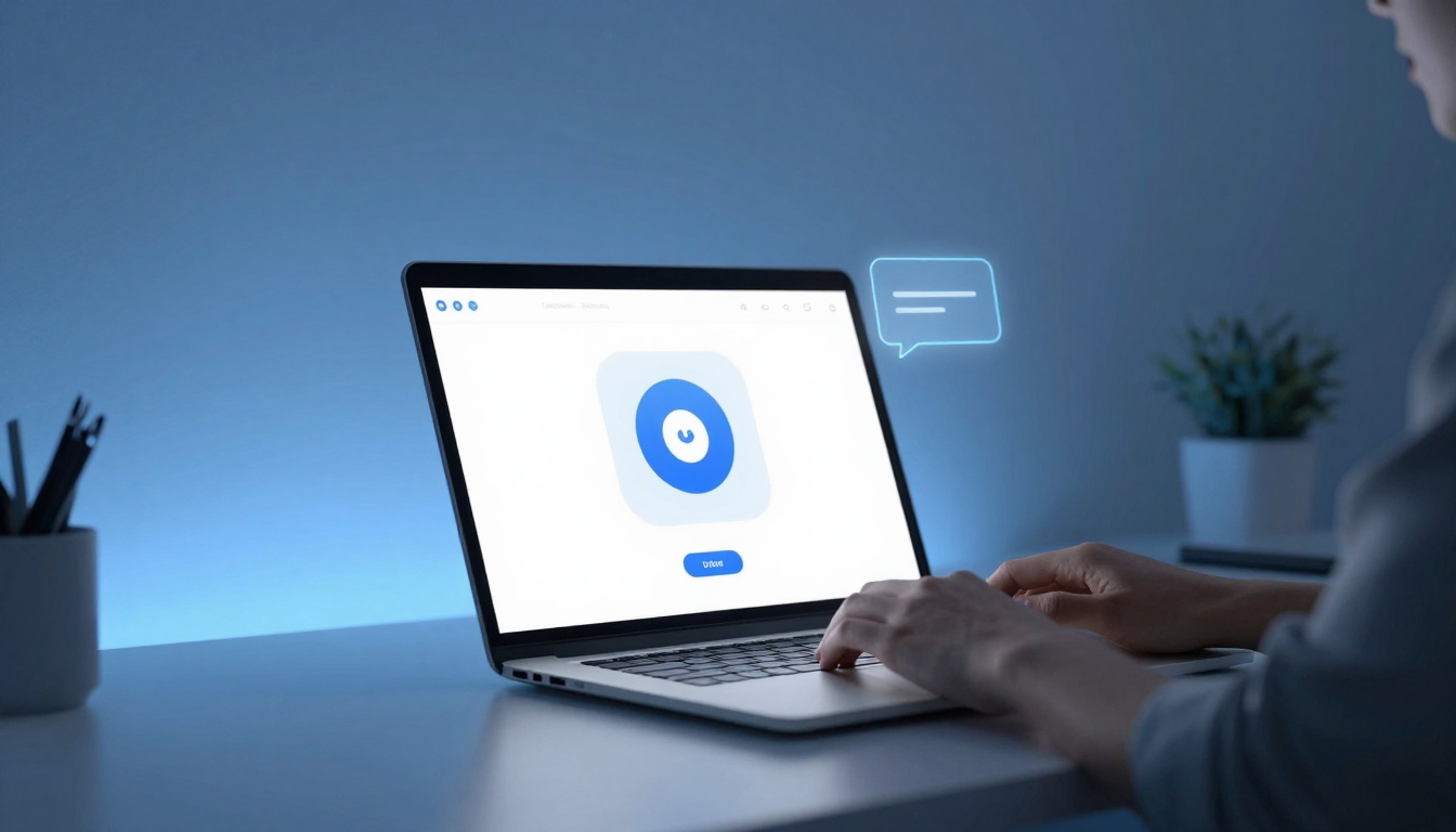 A person types on a laptop with a blue and white interface on the screen. A digital chat bubble icon hovers nearby. A plant and pen holder sit on the desk.