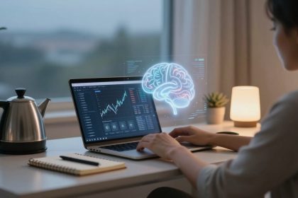 A person using a laptop displaying financial graphs. A holographic brain image appears above the screen. A kettle, notebook, and lamp are on the desk.