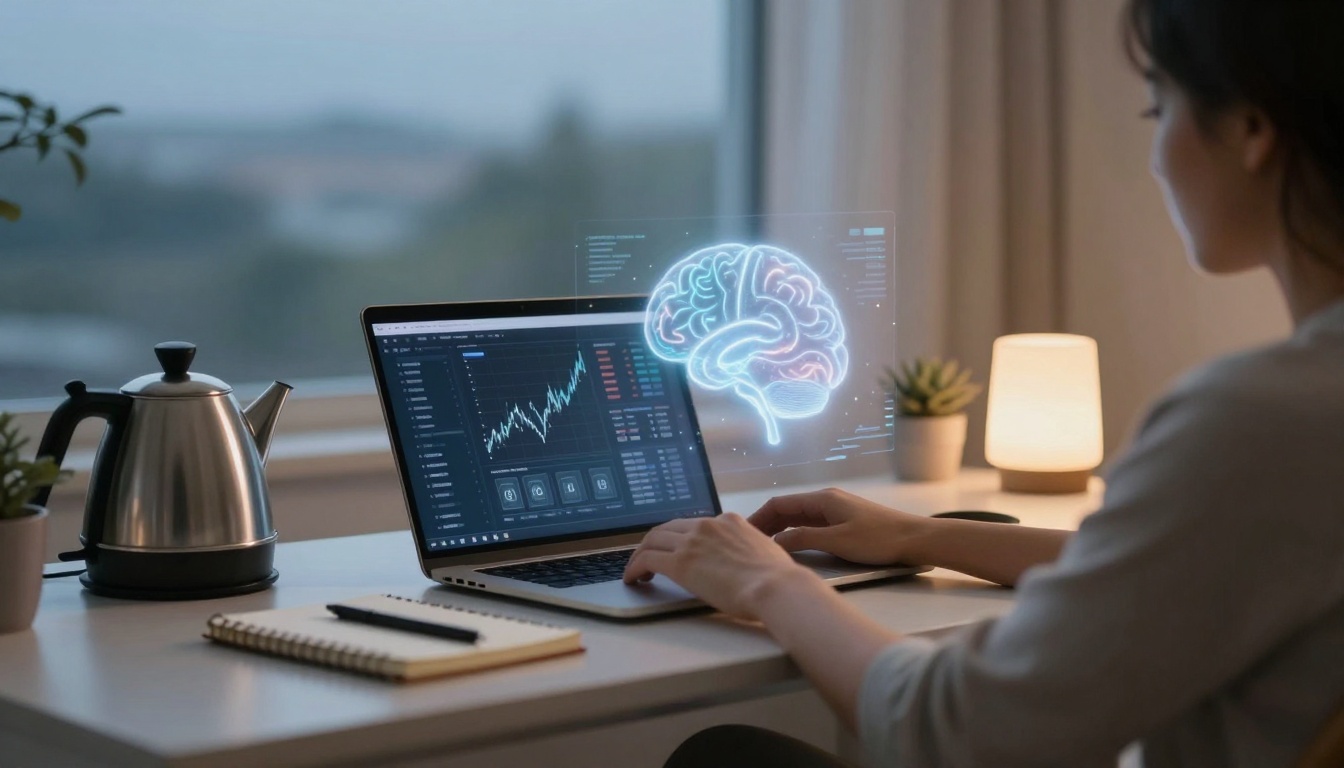A person using a laptop displaying financial graphs. A holographic brain image appears above the screen. A kettle, notebook, and lamp are on the desk.