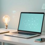 A workspace with a laptop displaying a network graphic, a notebook, two coffee cups, a smartphone, and sticky notes on a mint green wall.