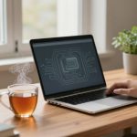 A person uses a laptop displaying a circuit design on the screen. On the wooden desk are small potted plants, a steaming cup of tea, and a smartphone. A window is in the background.