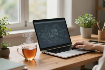 A person uses a laptop displaying a circuit design on the screen. On the wooden desk are small potted plants, a steaming cup of tea, and a smartphone. A window is in the background.