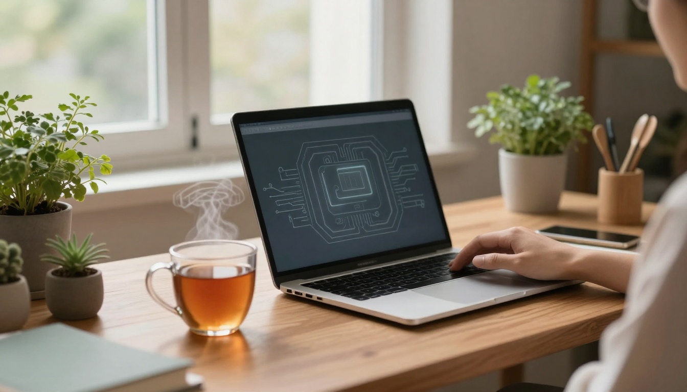 A person uses a laptop displaying a circuit design on the screen. On the wooden desk are small potted plants, a steaming cup of tea, and a smartphone. A window is in the background.