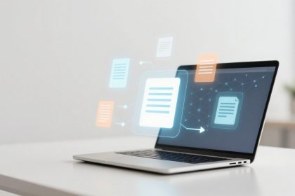 Laptop on a white desk displaying digital documents and orange-blue icons, with arrows indicating data transfer on the screen.