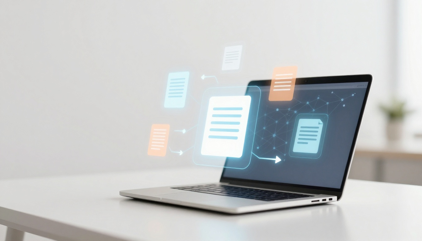 Laptop on a white desk displaying digital documents and orange-blue icons, with arrows indicating data transfer on the screen.