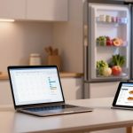 A laptop and tablet displaying a calendar and meal planner sit on a kitchen counter. A mug is nearby. An open fridge full of vegetables is in the background.