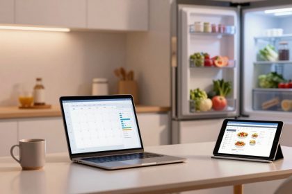 A laptop and tablet displaying a calendar and meal planner sit on a kitchen counter. A mug is nearby. An open fridge full of vegetables is in the background.