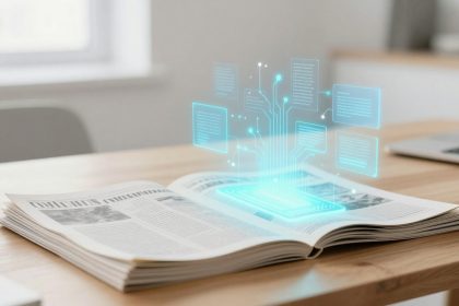 An open book on a wooden table with a digital hologram of glowing blue text boxes and circuit-like connections above it, in a bright room.