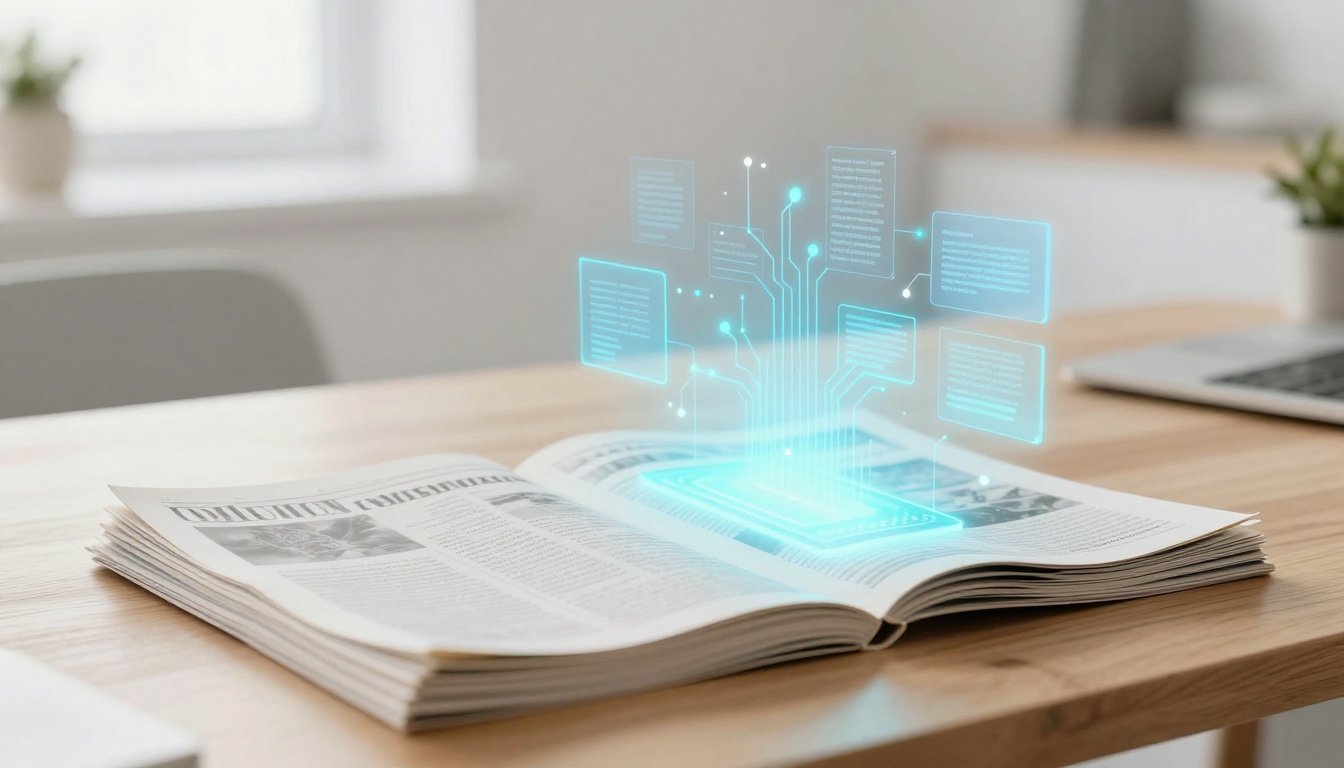 An open book on a wooden table with a digital hologram of glowing blue text boxes and circuit-like connections above it, in a bright room.